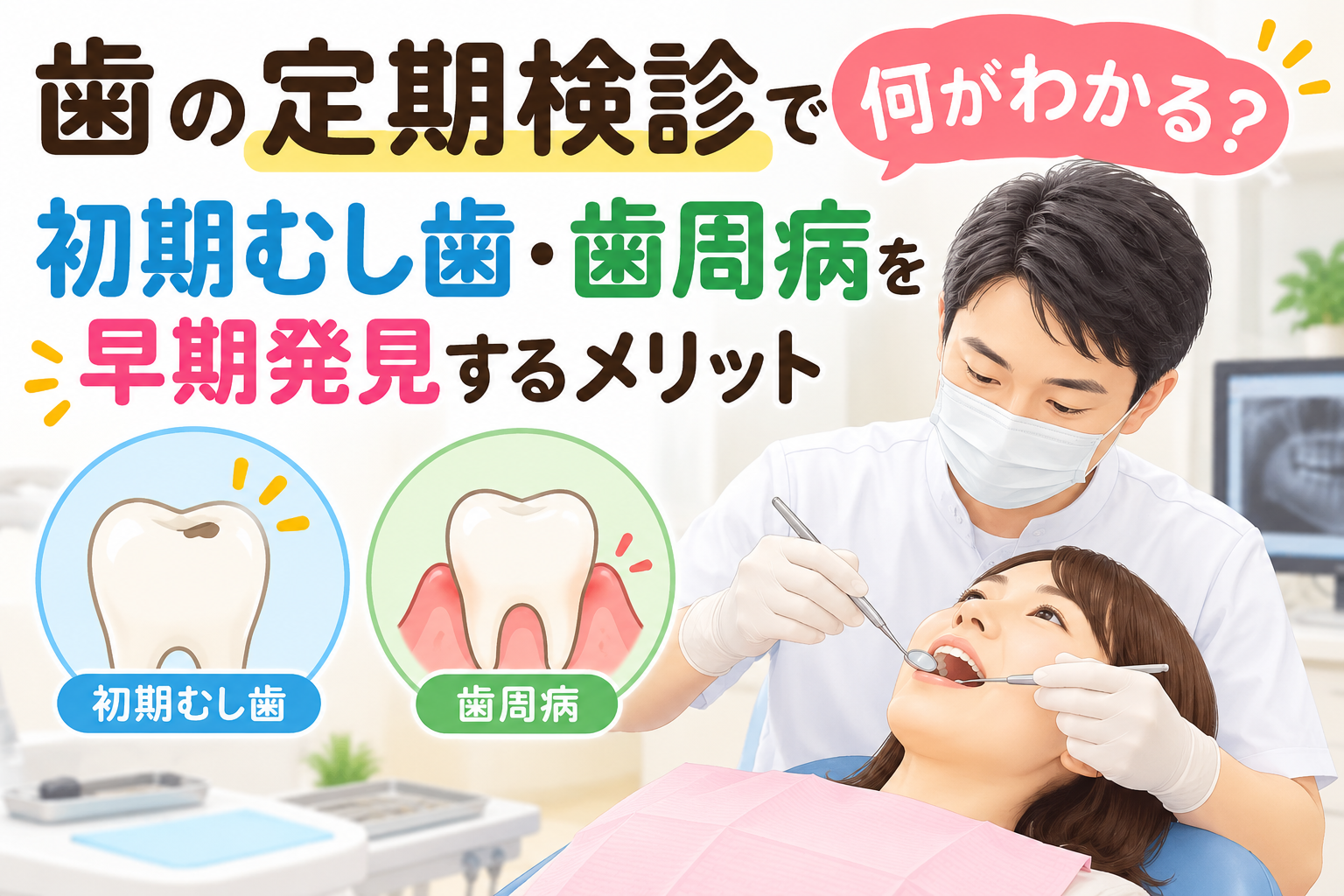 歯科医院の定期検診で初期むし歯や歯周病を早期発見するイメージ