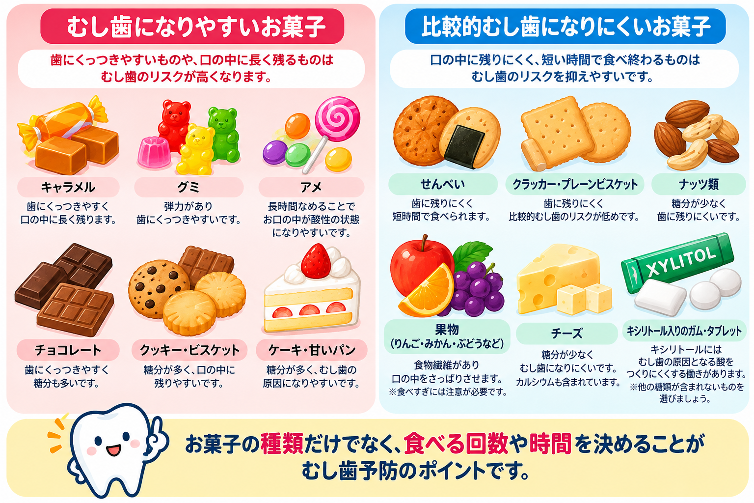 むし歯になりやすいお菓子と、むし歯のリスクを抑えやすいおやつを比較したイラスト