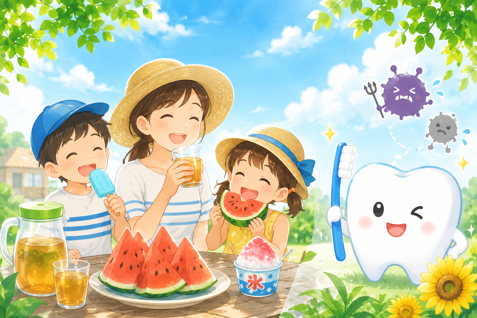 夏休みに家族で楽しく過ごしながら、むし歯予防を意識する子どものイラスト