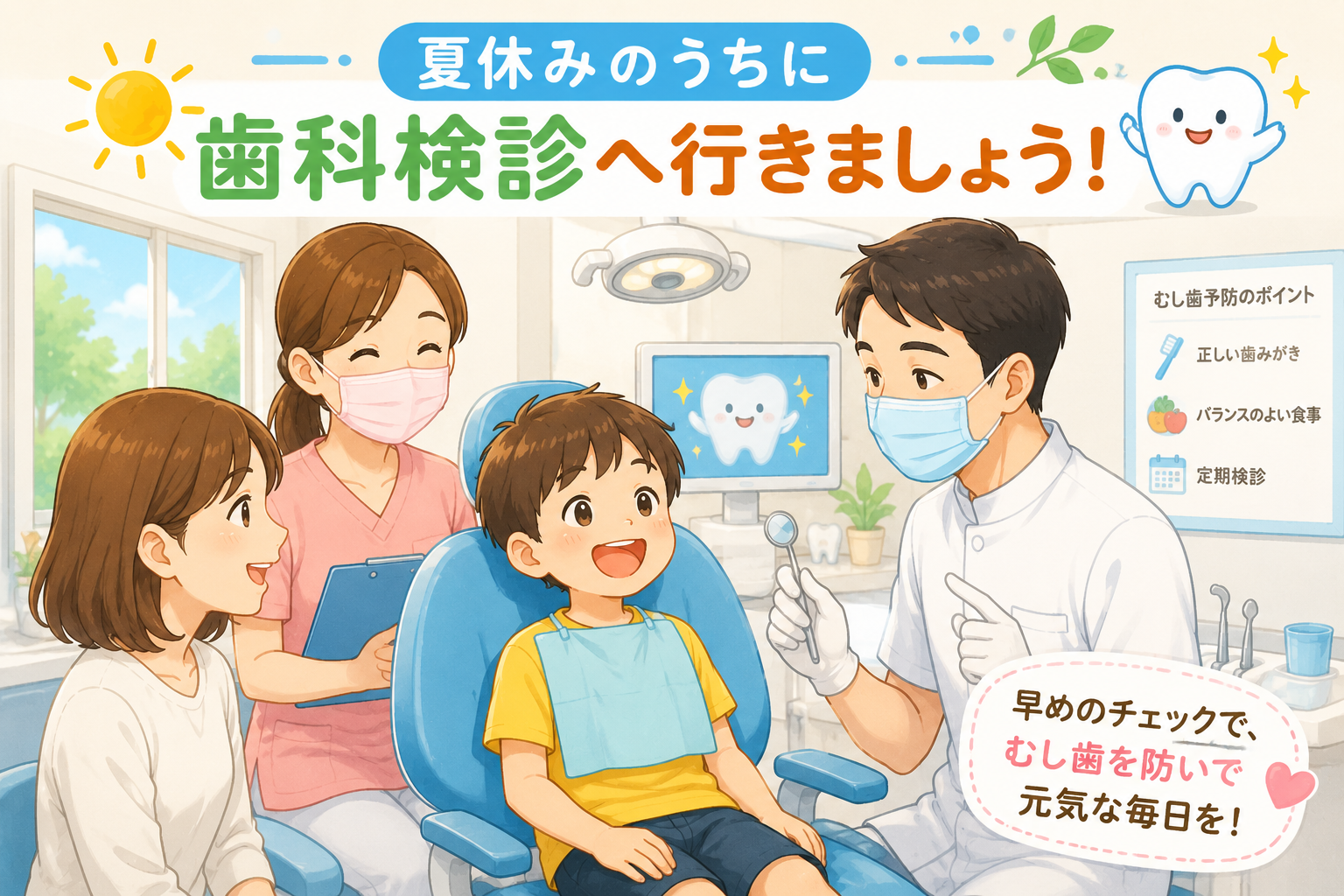 夏休みに親子で歯科検診を受ける様子のイラスト
