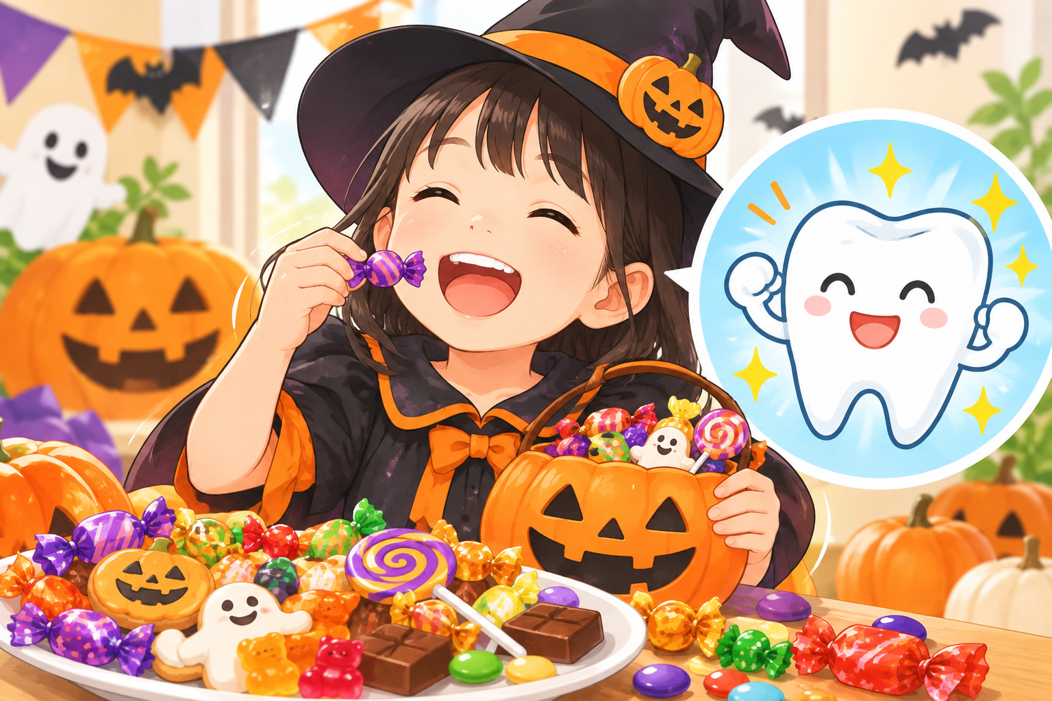ハロウィンのお菓子を楽しみながら子どものむし歯を予防するイメージ